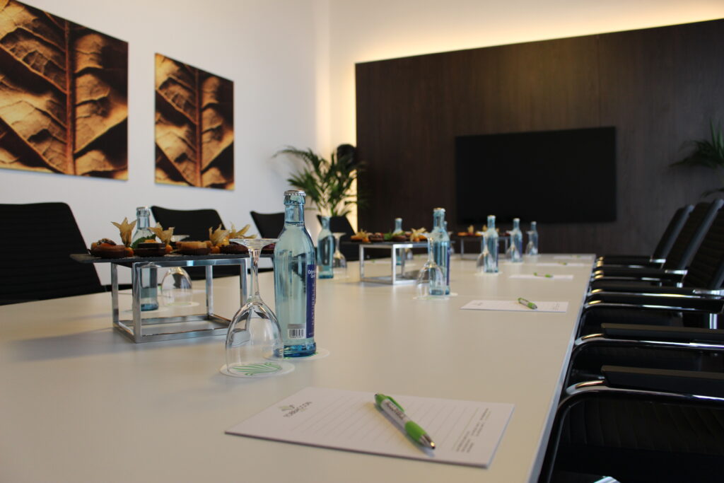 Leicht seitlicher Blick in den Tagungsraum Mojito über den Tisch, links und rechts dunkle Stühle, auf dem Tisch blaue Wasserflaschen, Wassergläser, Blöcke mit Kugelschreibern und stilvoll dekorierte süße Snacks; hinten braune Wand mit Flachbildschirmfernseher und links davon Grünpflanze