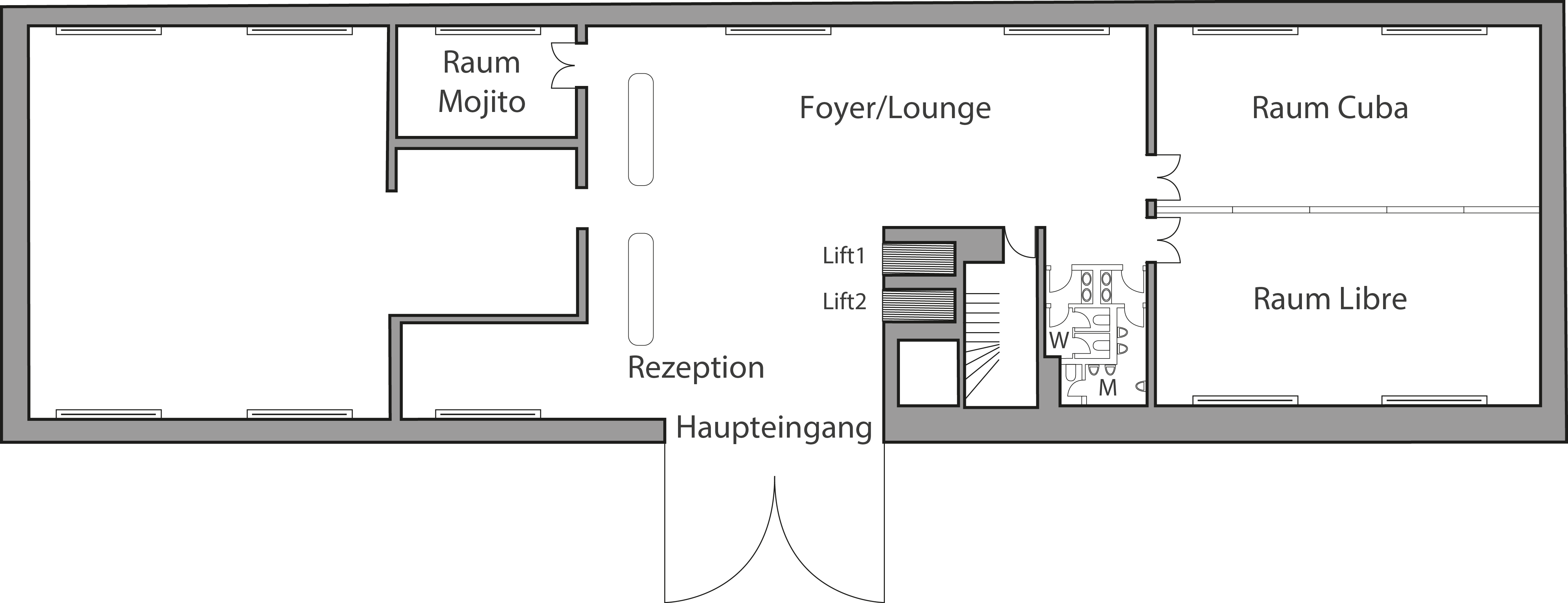 Grundriss der Tagungsräume des Hotels Tobbaccon, die sich links und rechts des Foyers/der Lounge befinden (links Raum Mojito, rechts Raum Cuba und Libre bzw. Cuba Libre)